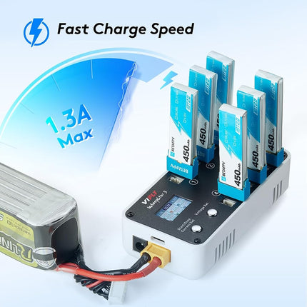 VIFLY WhoopStor 3 Black Color LiPo Battery Storage Charger and Discharger with LCD Display Tiny Whoop Charger with PH2.0 and BT2.0 Connectors