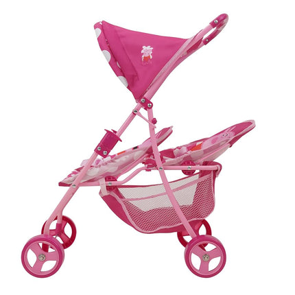 Peppa Pig: Doll Twin Stroller - Pink & White Dots - Fits Dolls Up to 24", Retractable Canopy, Easy to Fold for Storage & Travel, for Dolls Plushes & Stuffed Animals, Pretend Play for Kids Ages 3+