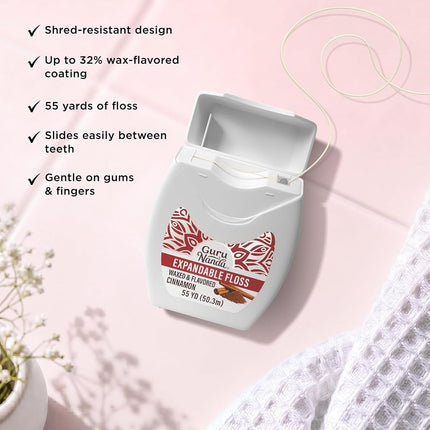 GuruNanda Expandable Waxed Dental Floss for Gentle, Deep Cleaning Wide Teeth Flossing - Cinnamon Flavor - 55 Yards