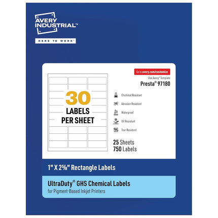 Avery UltraDuty GHS Labels, Waterproof, 1 X 2-5/8 Inch Rectangle Labels, Pack of 750 White Labels for Use with Pigment Inkjet Printers