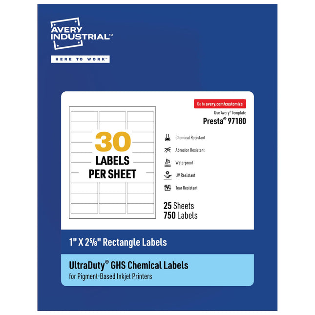 Avery UltraDuty GHS Labels, Waterproof, 1 X 2-5/8 