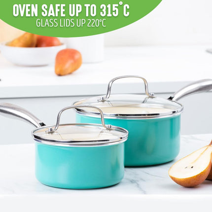 GreenLife Artizan Healthy Ceramic Non-Stick 14cm/1l and 18 cm/2l Saucepan Pot Set with Lids, Stainless Steel Handle, Induction, PFAS-Free, Oven Safe, Turquoise