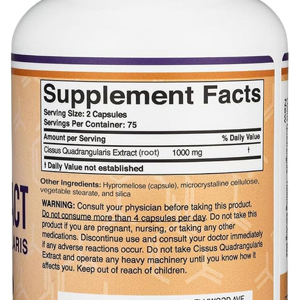 Double Wood Supplements Cissus Quadrangularis Super Extract, 150 Capsules, Dietary Supplement for Joint and Tendon Pain, 1000mg Serving Size