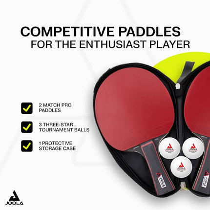 JOOLA Duo PRO Table Tennis Set of 2 Table Tennis Bats + 3 Balls + Cover Red/Black 6 Pieces