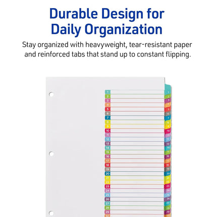 Avery 1-31 Tab Dividers for 3 Ring Binders, Customizable Table of Contents, Multicolor Tabs, 1 Set, 12 Packs (11846)