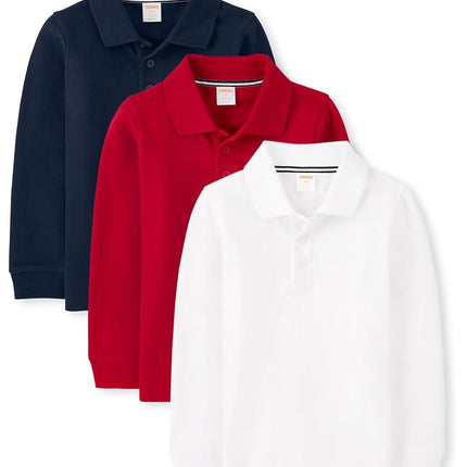 Gymboree Boys' and Toddler Long Sleeve Polo Shirt, Navy/Red/White 3-Pack, 2T