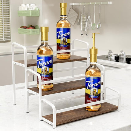 Estante de jarabe de café de 3 niveles para encimera, soporte para jarabe de 12 botellas de gran capacidad con estante de madera y marco de metal para barra de café, estación organizadora de café blanca premium/botellero para almacenamiento de cocina