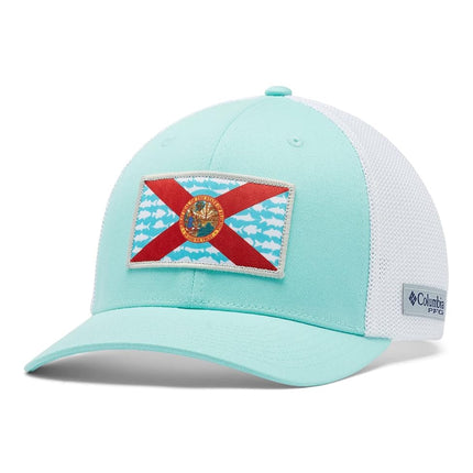Columbia Unisex PFG Mesh Fish Flag Ball Cap, Gulf Stream/White/FL Fish Flag, Small/Medium