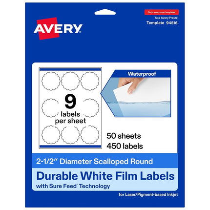 Avery Durable Waterproof Round Scalloped Labels with Sure Feed, 2.5" Diameter, 450 Oil and Tear-Resistant Waterproof Labels, Print-to-The-Edge, Laser/Pigment-Based Inkjet Printable Labels