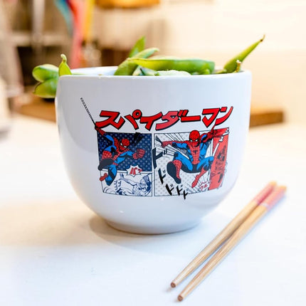 Silver Buffalo Marvel Spider-Man Japanese Manga Comic Panels Ceramic Ramen Noodle Rice Bowl with Chopsticks, Microwave Safe, 20 Ounces