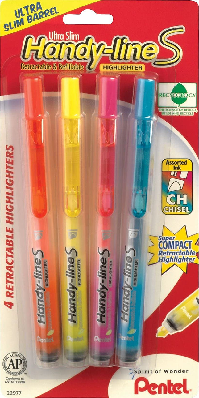 Resaltador retráctil Pentel Handy-line S, punta biselada, colores de tinta surtidos, paquete de 4 (SXS15BP4M)