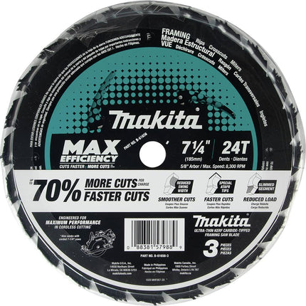 Makita B-61656-3 7-1/4" 24T Carbide-Tipped Max Efficiency Circular Saw Blade, Framing, 3/pk