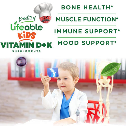 Lifeable Vitamin D3 1000 IU + K2 100mcg - for Kids - Great Tasting Natural Flavor Gummy Supplement Vitamins - Gluten Free Vegetarian and Non-GMO Chewable - for Strong and Healthy Bones - 60 Gummies