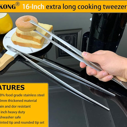 JETKONG 2 Pcs 16-Inch Kitchen Tweezers, Heavy Duty Stainless Steel Cooking Tweezers (Silver)