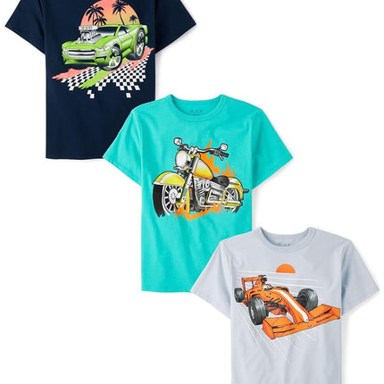 The Children's Place Boys' Vehicle Short Sleeve Graphic T-Shirts,multipacks, Racecar/Beach Car/Motorcycle, X-Large