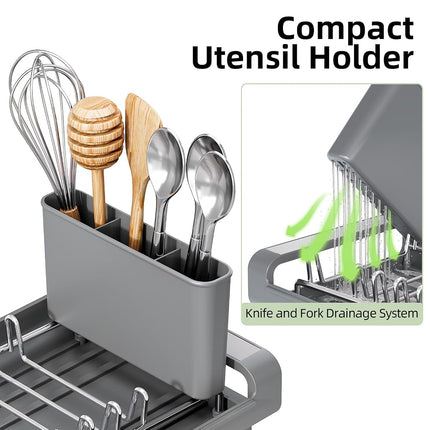 TOOLF Expandable Dish Rack, Compact Dish Drainer, Stainless Steel Dish Drying Rack with Removable Cutlery Holder, Anti Rust Plate Rack, Small Sink Drainer for Sink or Kitchen Countertop