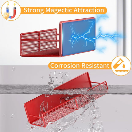 Magnetic Spice Rack for Refrigerator, 2 Pack 100% Metal Strong Magnet Shelf, Space Saving Spice Organizer W/ Hooks, Movable Magnetic Fridge Shelf, Kitchen Home Laundry Room Storage Organization, Red