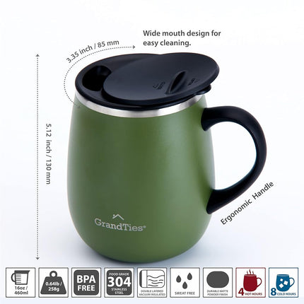GrandTies Insulated Coffee Mug with Handle - Sliding Lid for Splash-Proof 16 oz Wine-Glass Shape Thermal Tumbler with Double Walled Vacuum Stainless Steel to Keeps Beverages Hot or Cold (Olive Green)