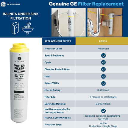 GE Under Sink Water Filter Replacement, Reduces Sediment, Rust & Other Impurities from Water, Easy Install, Fits GXRLQK Filtration System, Replace Every 6 Months, FQK1K