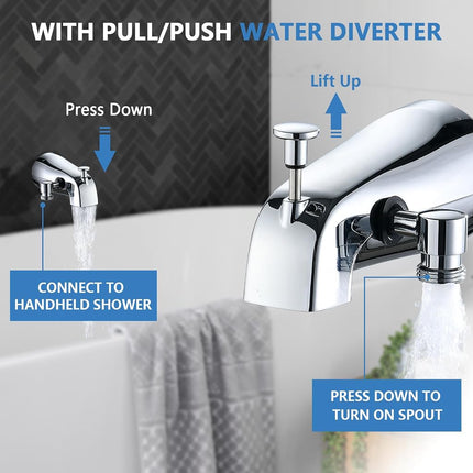 Sperwoesy Slip-on Bath Spout with Diverter High Pressure 8 Settings Handheld Shower All Metal Bathtub Faucet with Sprayer Chrome