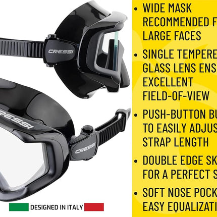 Cressi Liberty Triside Snorkel Mask - Panoramic 3-Glass Vision Diving Mask - Unisex Adult - One Size, Black/Sapphire