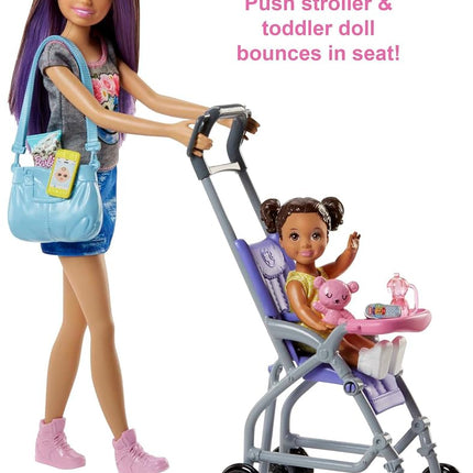 Barbie Skipper Babysitters Doll Playset, Brunette Skipper Doll with Brown Baby Doll, Baby Stroller and Doll Accessories, Toys for Ages 3 and Up, Two Dolls, FJB00