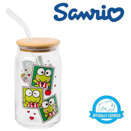 Silver Buffalo Sanrio Hello Kitty and Friends Keroppi Polaroids Glass Jar Tumbler with Bamboo Lid and Glass Straw, 16 Ounces