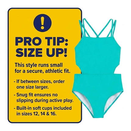 Traje de baño de una pieza con cortes de deporte de playa para niña Kanu Surf, color liso Atlantis, talla 16