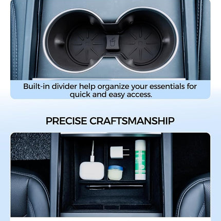 KYX Center Console Organizer Tray for Tesla Model 3 Highland Accessories 2024 Armrest Hidden Drawer Storage Box Cup Holder