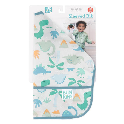 Bumkins Sleeved Bib, Handy Tie Closure for Custom Fit, Catch-All Pocket, Baby-Led Weaning, Waterproof, Machine Washable, Stain & Odour Resistant, BPA Free, 6-24 Months, Dinosaur Design