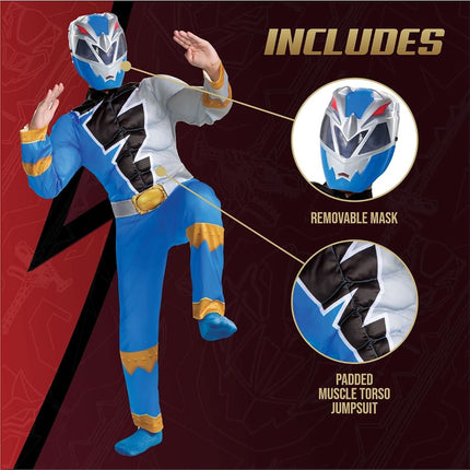 Disguise Official Blue Power Rangers Costume Kids, Muscle Power Rangers Fancy Dress Up Outfit for Children World Book Day Costumes for Boys Small