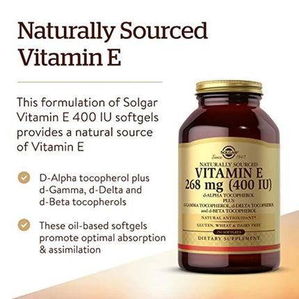 Solgar Natural Source Vitamin E 268 mg (400 IU) Softgels - Pack of 250 - Protects Cells from Oxidative Stress - Immune System Support - Vegan and Gluten Free