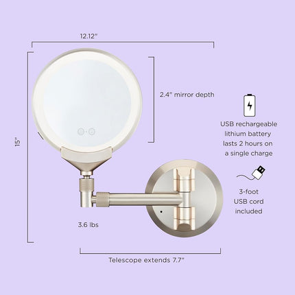 Conair Lighted Makeup Mirror, Wall Mount Bathroom Mirror, LED Vanity Mirror, 1X/5X/10X Magnifying Mirror, Rechargeable in Satin Nickel