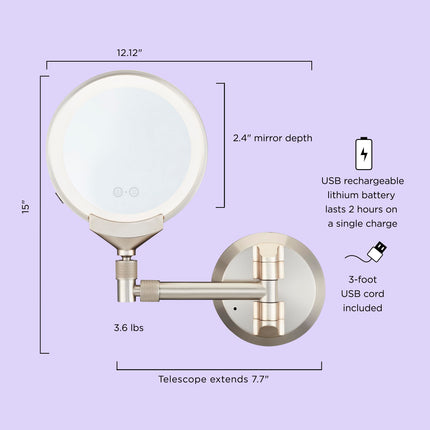 Miroir de maquillage lumineux Conair, miroir de salle de bain mural, miroir de vanité LED, miroir grossissant 1X/5X/10X, rechargeable en nickel satiné