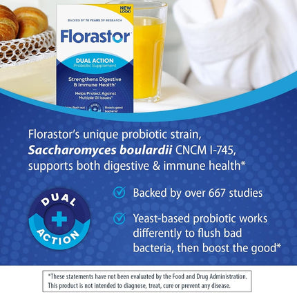 Florastor Probiotic Saccharomyces Boulardii, Daily Supplement for Women and Men Proven to Support Digestive and Immune Health (54 Capsules)