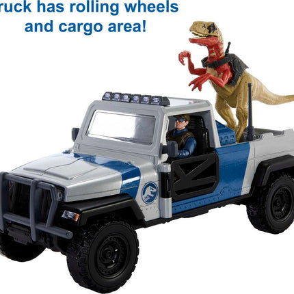 Coffret Camion Mattel Jurassic World Recherche et Destruction avec dinosaure Atrociraptor et figurine humaine, véhicule avec fonctions de destruction
