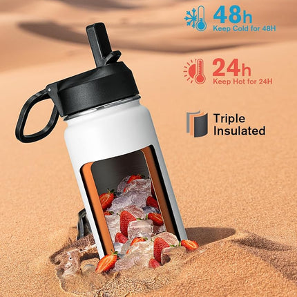 Coolflask 4 L Water Bottle Insulated with Straw&3 Lids, One Gallon Water Jug Large Stainless Steel Metal Vacuum Wide Mouth for Sports, Gym or Office, Non-BPA Keep Cold 48H Hot 24H, White