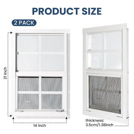 COLORPAPA 2 Pack Shed Windows,14" x 21" Small Sliding Windows,Flush Mount Windows with Tempered Glass and Fiberglass Screen for Shed, Chicken Coop, Playhouse, Household, Garage, Barns (White)