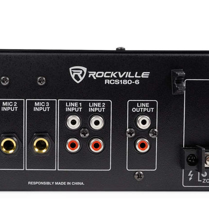 Amplificador comercial/para restaurante Rockville RCS180-6 de 180 vatios, 6 zonas, 70V, con Bluetooth
