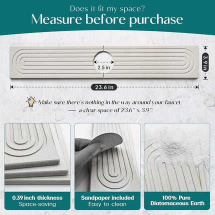 Eormoe Stone Faucet Mat for Kitchen Sink – Diatomite Drying Stone Mat & Sink Protector, Prevent Moisture – Sink Splash Guard Water-Absorbing Stone Tray for Bathroom Counter [Light Grey,23.6" x 3.9"]