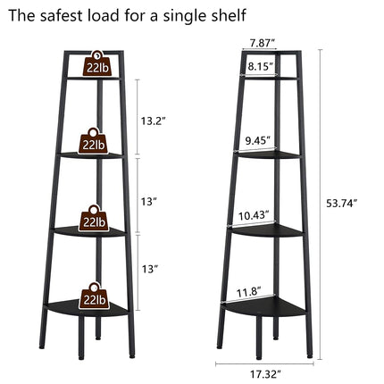 Hoctieon Corner Shelf, 4-Tier Corner Bookshelf, Rustic Ladder Shelf, Industrial Display Stand for Living Room, Kitchen, Home Office, Balcony, Small Space, Metal Frame, Black