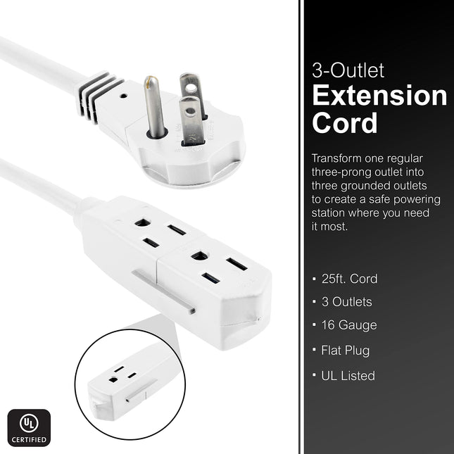 GE 3-Outlet Flat Extеnsion Cord 25 Ft Grounded Extension Cord with Multiple Outlеts 3 Prong Outlet Extender Flat Plug Power Strip Indoor Extensiоn Ϲord 16 Gauge UL Listed White 69920