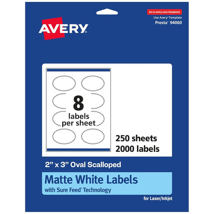 Avery Matte White Oval Scalloped Labels with Sure Feed, 2" x 3", 2,000 Matte White Printable Labels