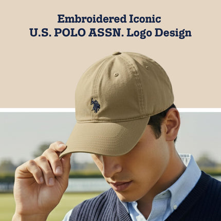 U.S. Polo Assn. Men's U.s Polo Assn. Cotton Adjustable Curved Brim With Embroidered Small Pony Logo Baseball Cap, Beige, One Size UK