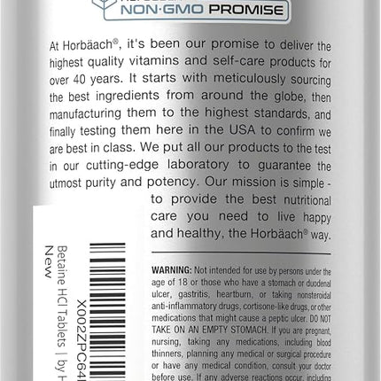 Horbäach Betaine HCl with Pepsin | 250 Tablets | Hydrochloride Supplement