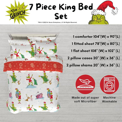 Franco Comforter and Sheet Set with Sham, Microfiber, Grinch-White + Red, 7 Piece King Size