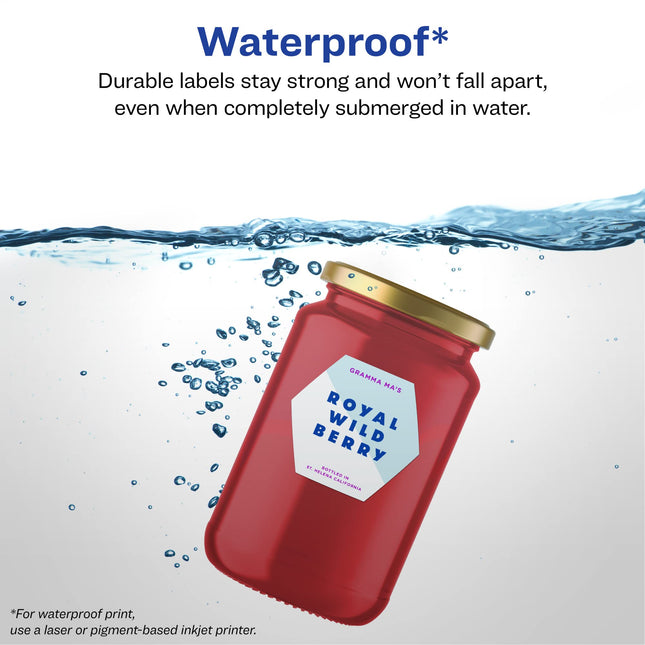 Avery Durable Waterproof Hexagon Labels with Sure Feed, 2-1/2" x 2-57/64", 300 Oil and Tear-Resistant Waterproof Labels, Print-to-The-Edge, Laser/Pigment-Based Inkjet Printable Labels