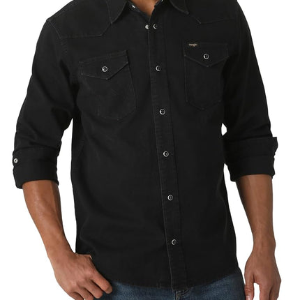 Wrangler Men's Iconic Regular Fit Snap Shirt Button, Black Denim, Medium