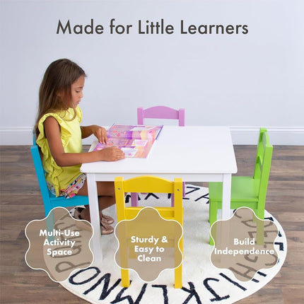 Humble Crew Kids Wooden Table and 4 Chairs Set, White/Pastels - Kids Table and Chair Set for Toddlers and Children for Arts, Crafts, and Snack Time - Sturdy, Durable Toddler Activity Table