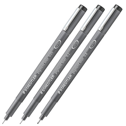 STAEDTLER Pigment Liner Pack, Black, 3 Pens, Assorted Line Widths 0.05mm/0.2mm/0.8mm, 308-9SBK3